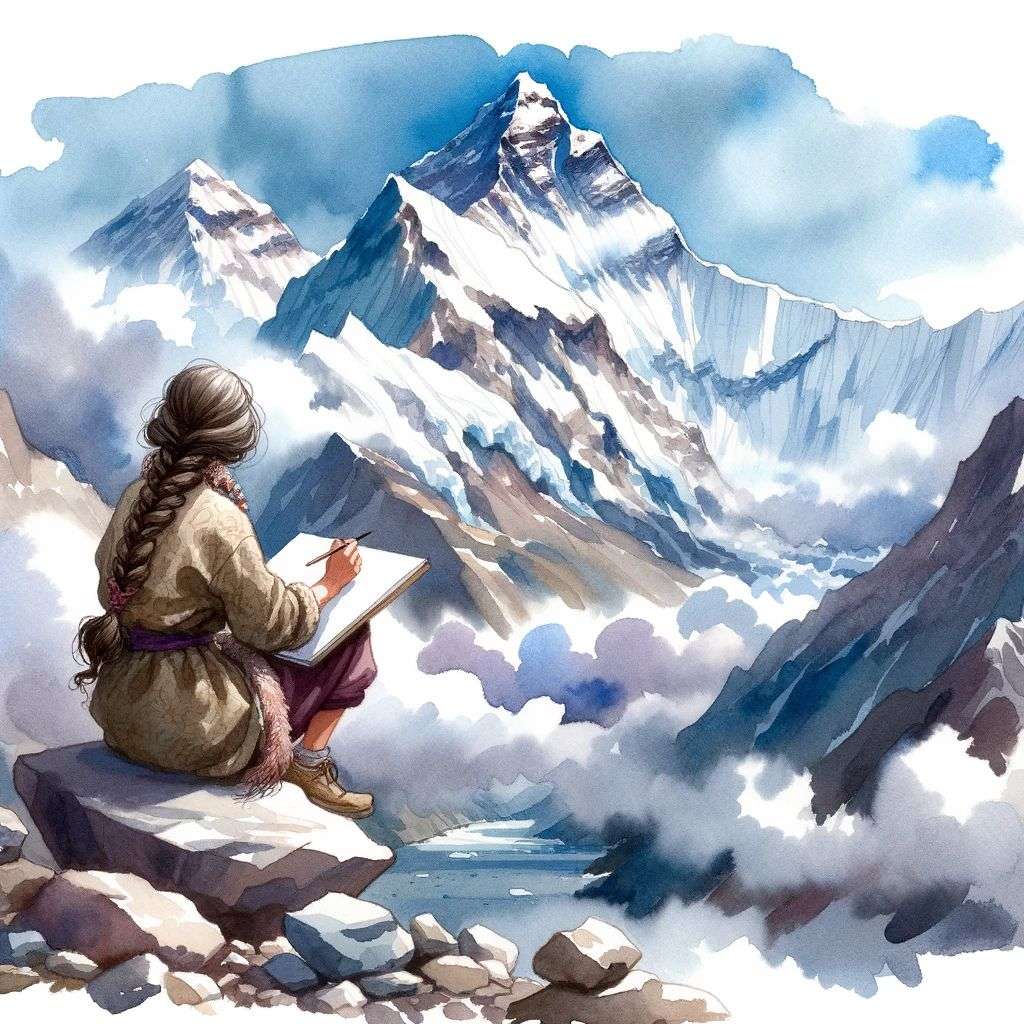 someone gazing at Mount Everest, watercolor painting